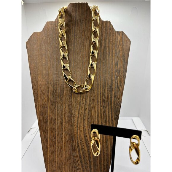 Vintage 80s Fashion Jewelry Necklace and Earring Set‎ Gold Tone Link Chain 16" - Picture 3 of 11